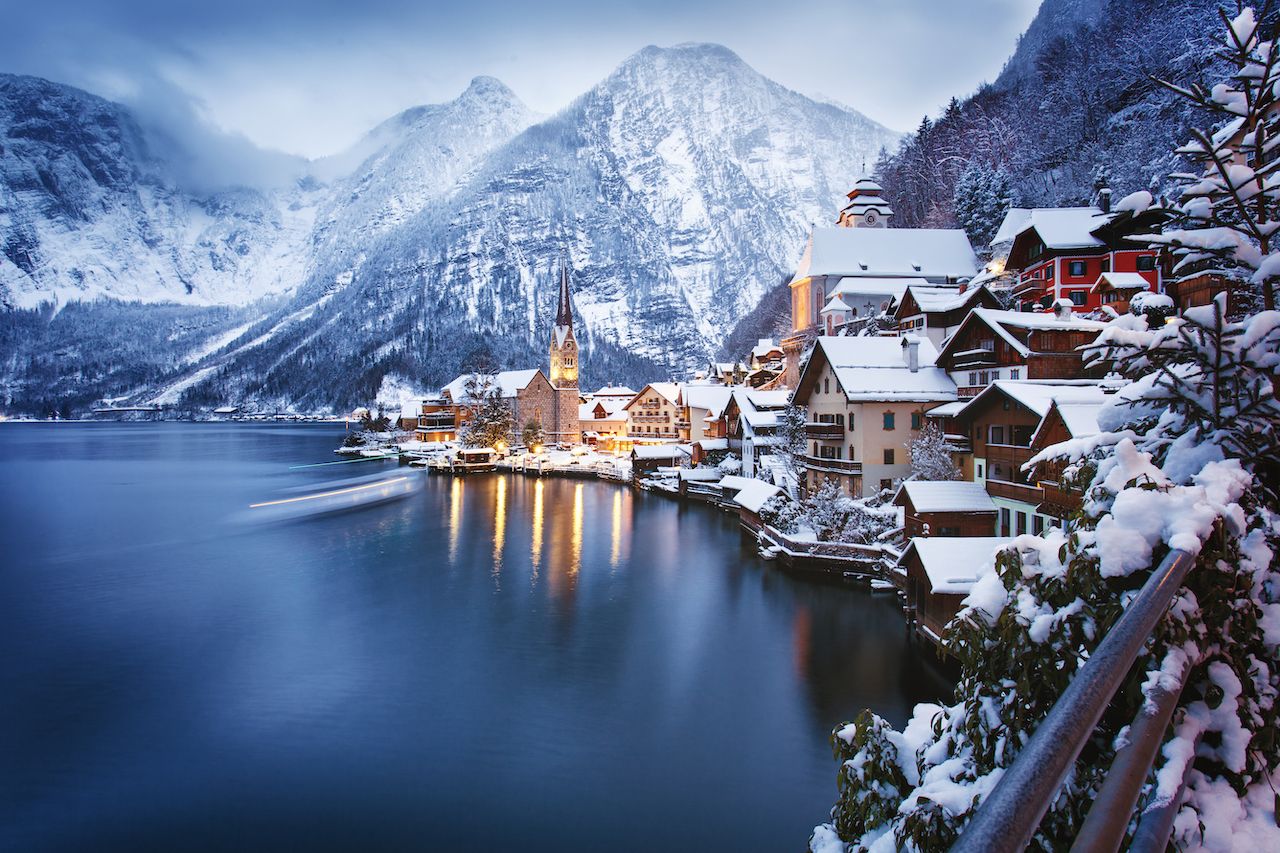 Hallstat in winter with snowy mountains in the background