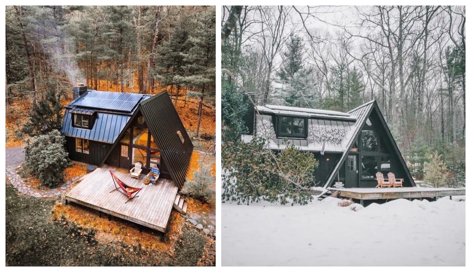 Black a-frame in the woods in New York