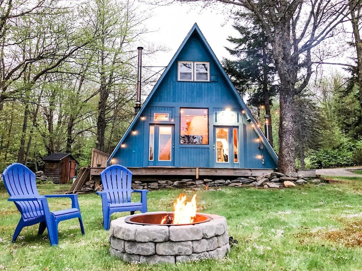Bright blue A-frame Airbnb cabin in Vermont