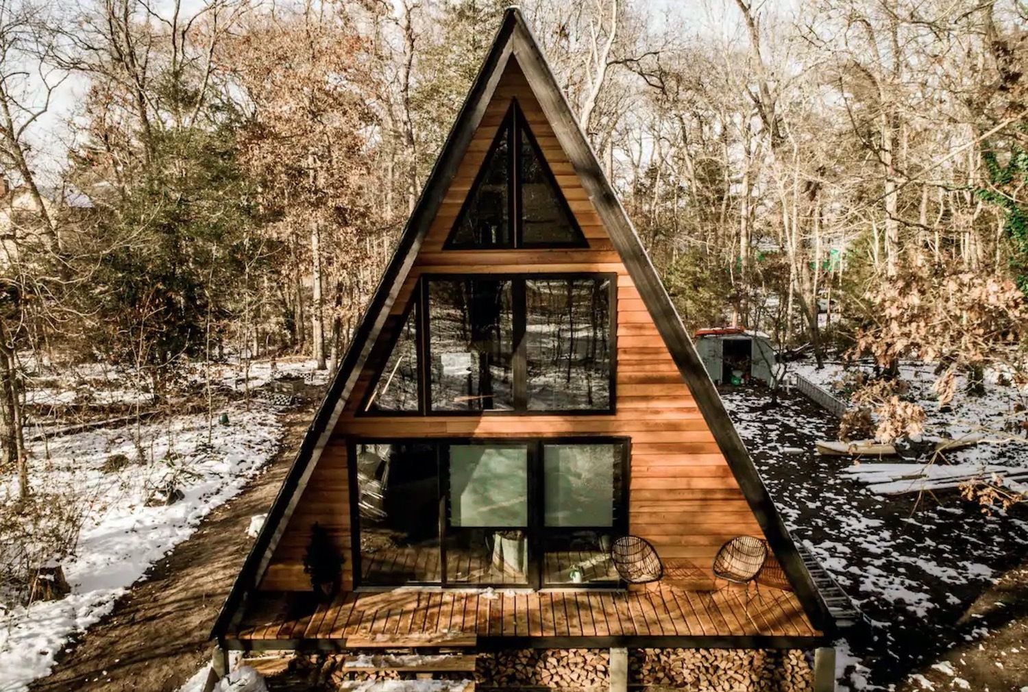 The black and stained wood Lokal A Frame cabin in New Jersey