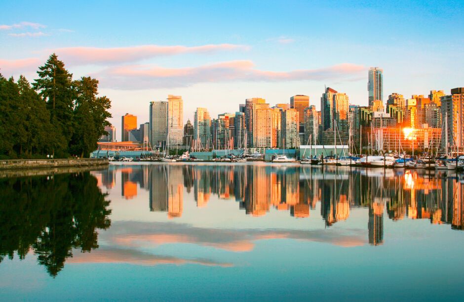 Vancouver skyline with Stanley Park at sunset