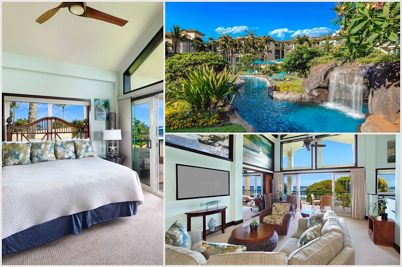 photo collage of pool bedroom, and living space at airbnb near hanalei bay