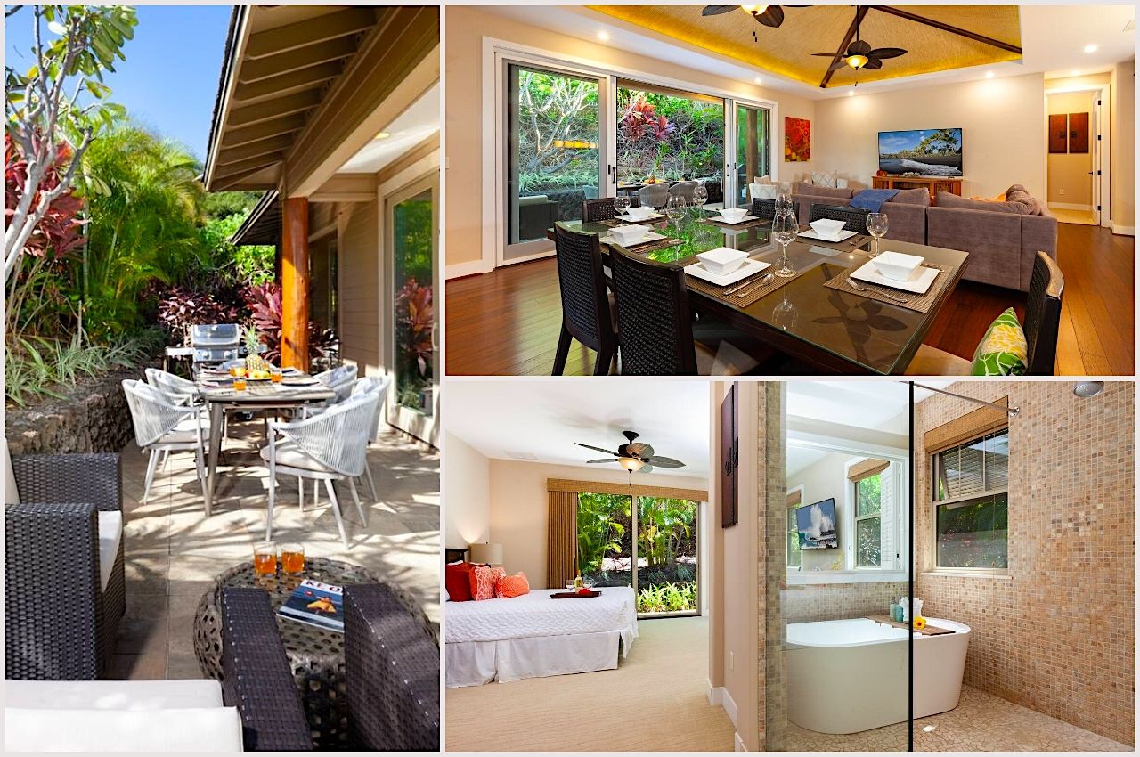 collage of photos of one story cottage inside and outside of Airbnb in Kauai 