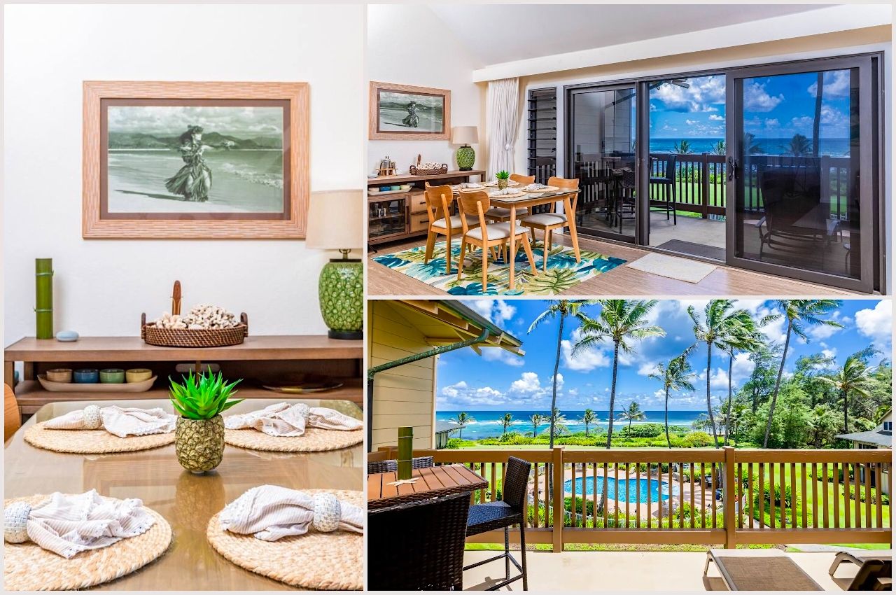 collage of photos of private oceanfront condo with a big lanai airbnb in Kauai