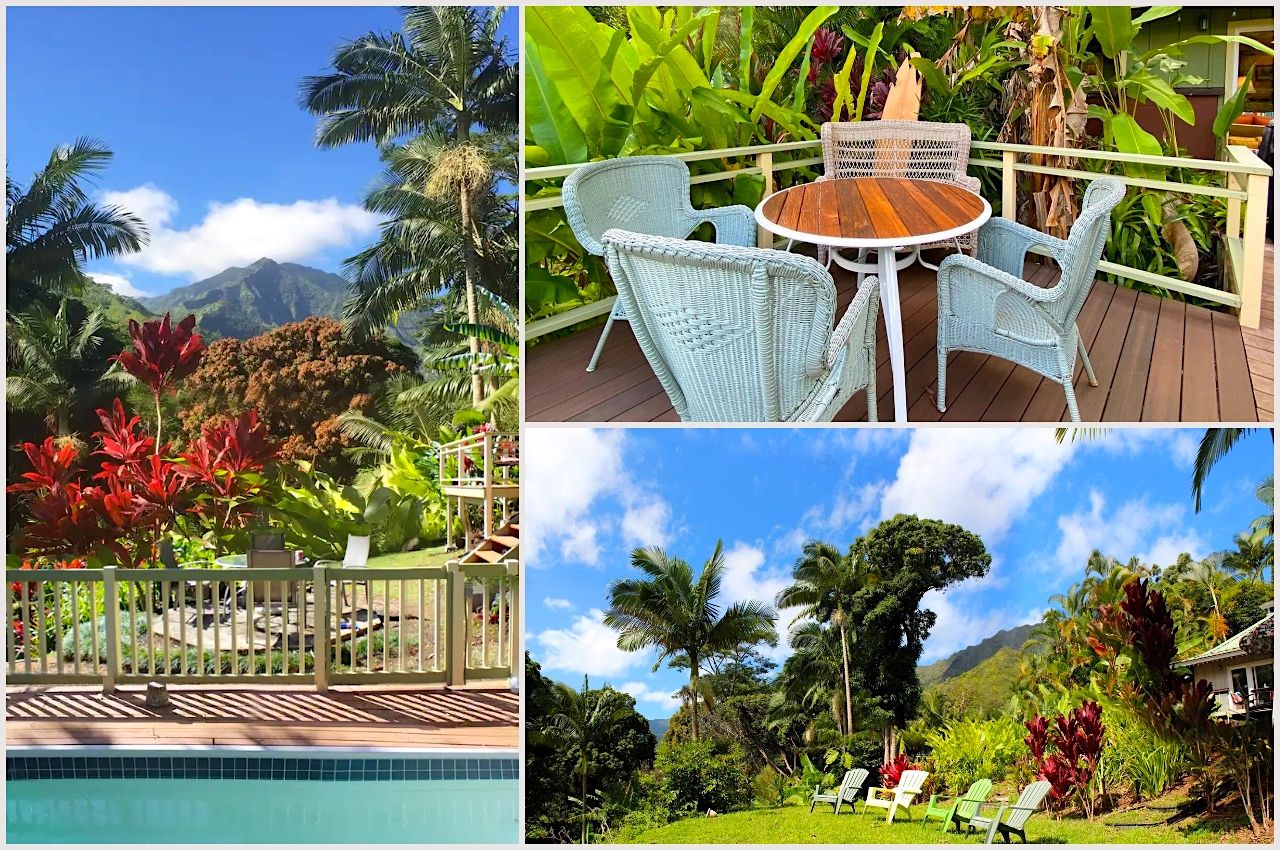 pool, table, and lawn chairs along the wainiha river at airbnb near hanalei bay