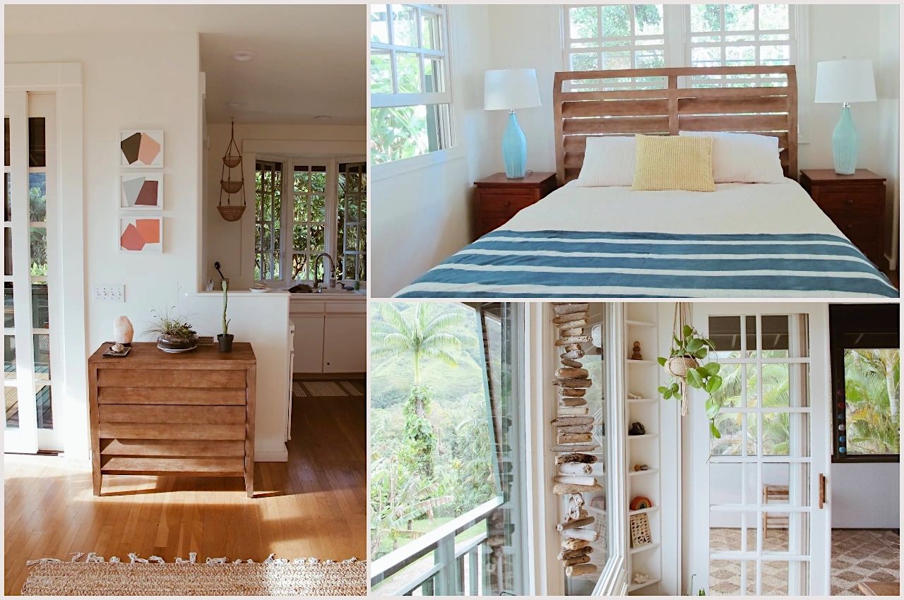 collage of photos living space and bedroom at secluded jungle cottageairbnb near hanalei bay