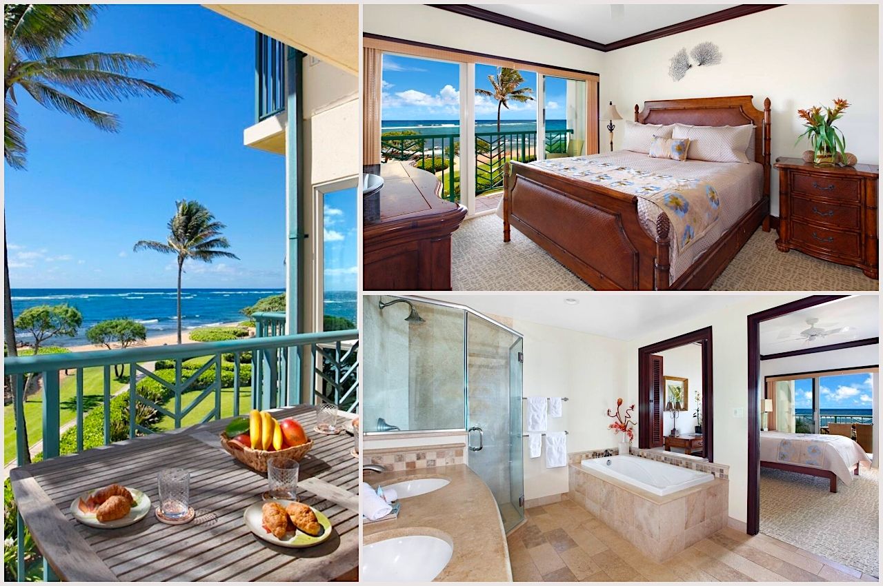 collage of photos of bedroom, deck, and bathroom in waipouli beach resort condo Airbnb in Kauai 