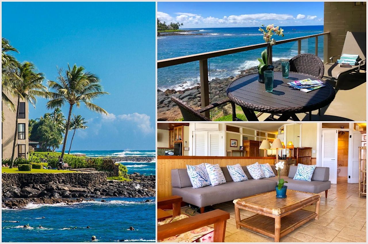 collage of photos of oceanfront airbnb near poipu