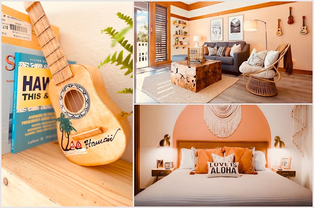 collage of photos of romantic condo Airbnb near poipu