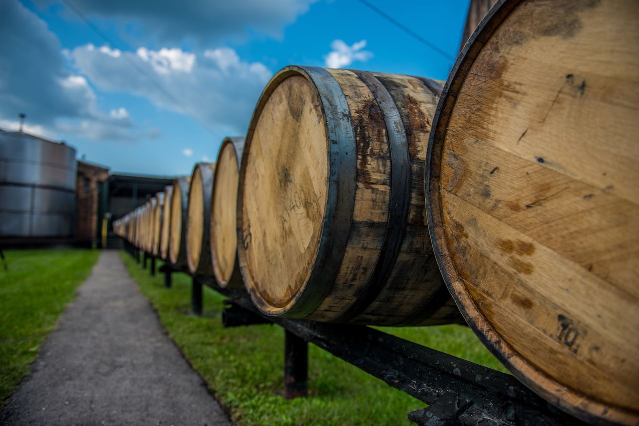 Bourbon barrels at American whiskey distillery in Kentucky