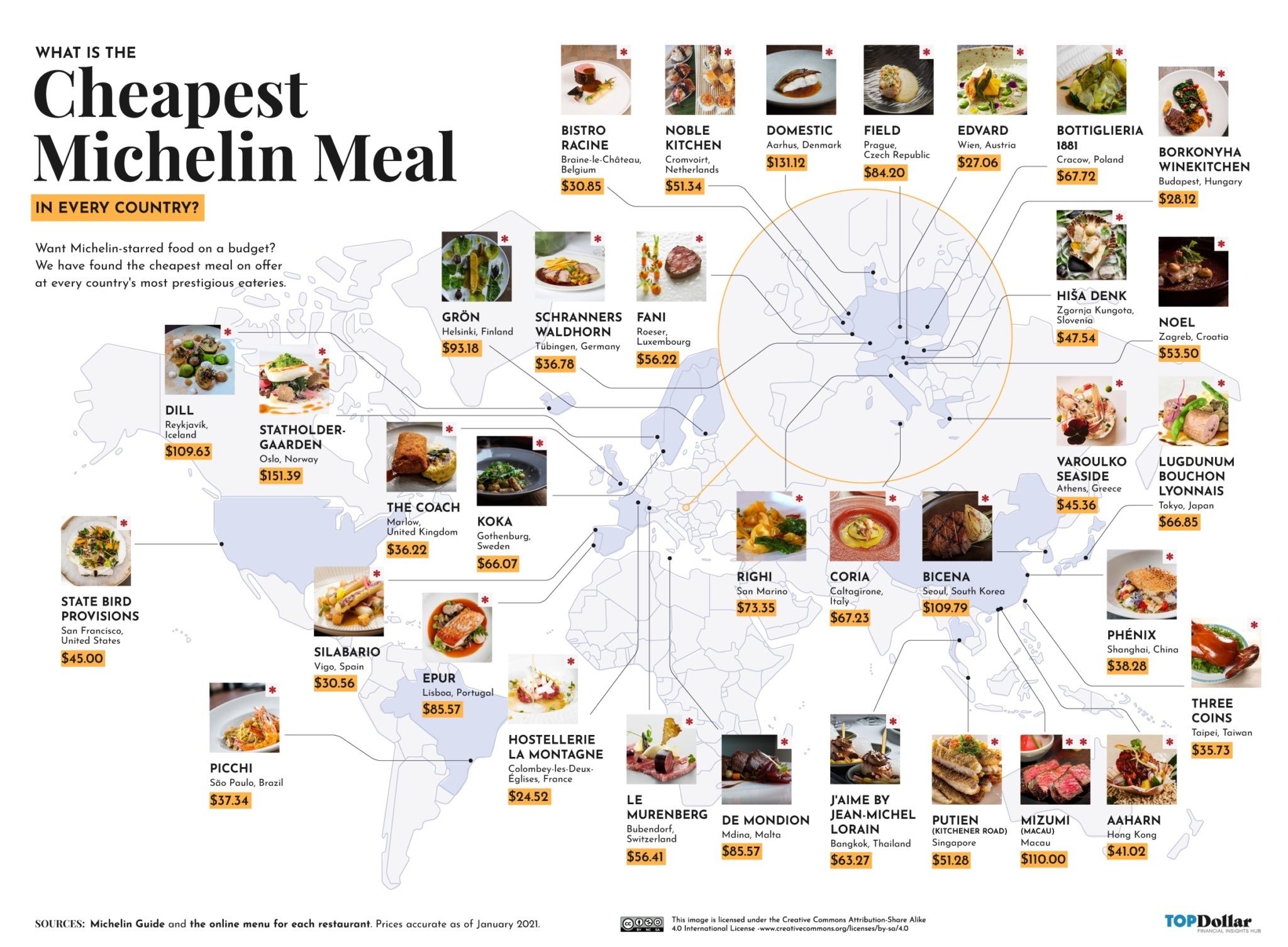 Map of the cheapest Michelin Star restaurants in the world