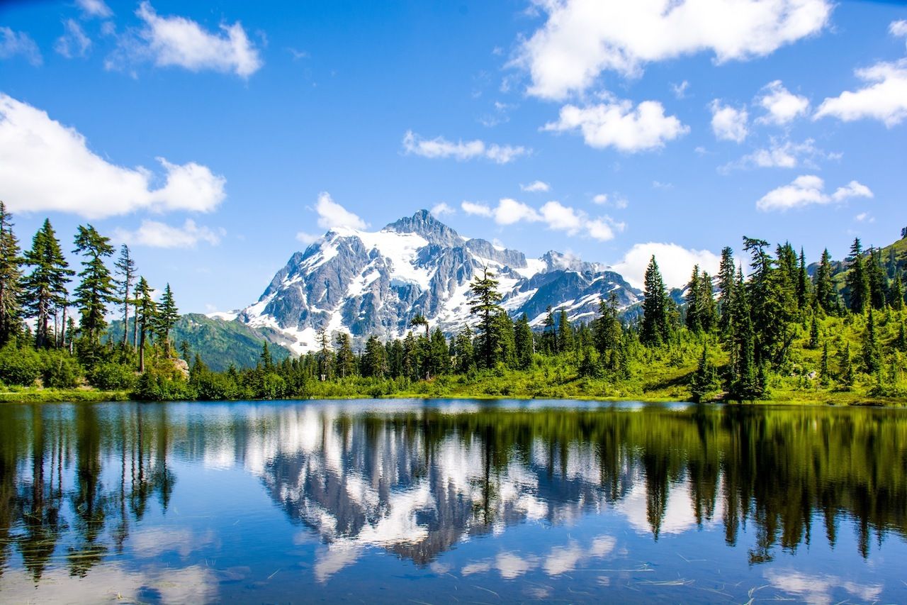 Landscape reflection Mount Shuksan and Picture lake, North Cascades National Park, Washington, USA, national parks reservation