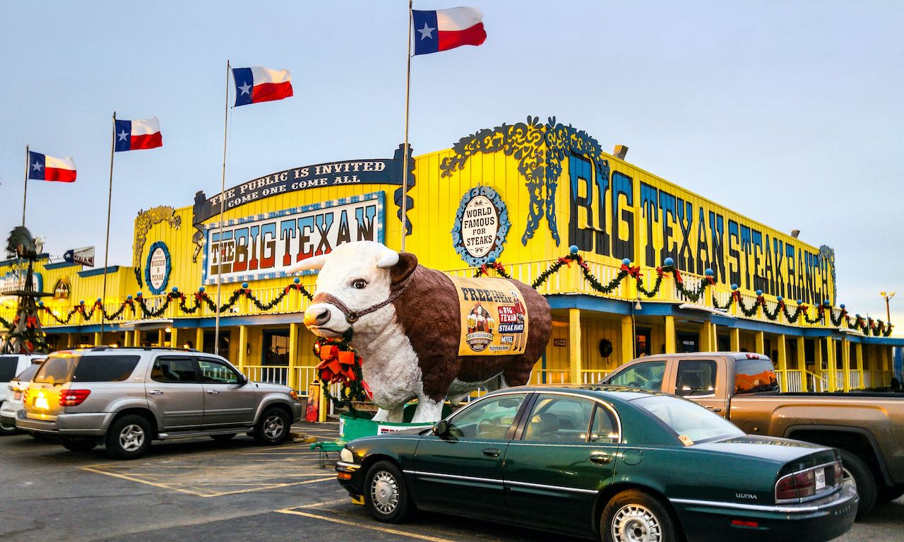 Amarillo, TX, USA - 22 December, 2015: The Big Texan Steak Ranchs is a popular tourist destination along famed Route 66 and is known for it's 72 ounce steak contest., Texas panhandle