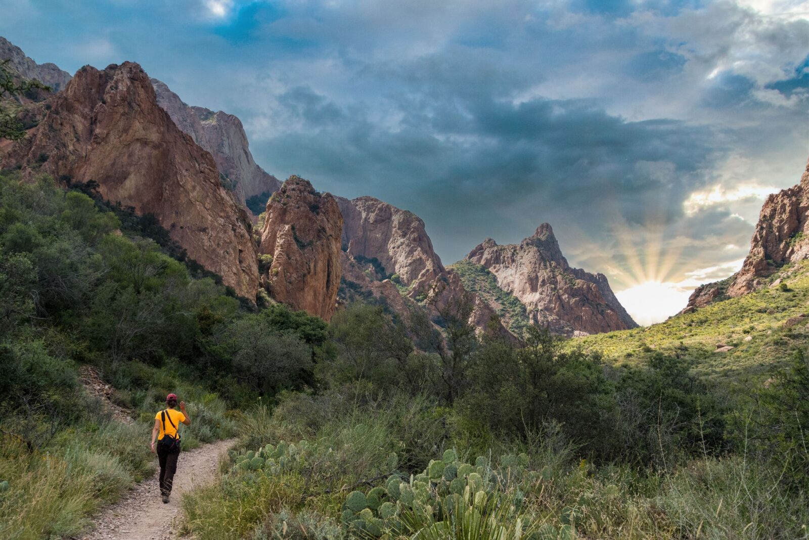 Hiker on the trail in Chisos mountains in big bend national park 