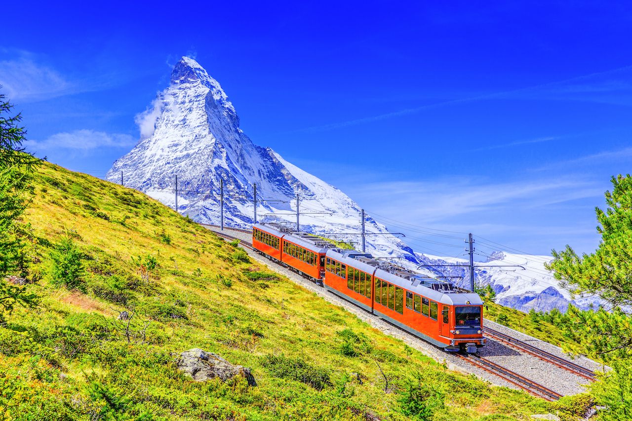 Zermatt,,Switzerland.,Gornergrat,Tourist,Train,With,Matterhorn,Mountain,one week in Switzerland