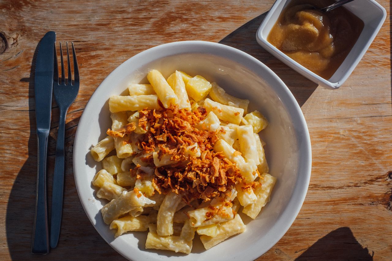 Traditional alpine food - Farmers’ Macaroni (Älplermagronen), mac and cheese
