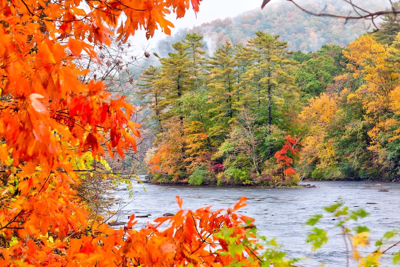 Fall season in the Housatonic River in the Litchfield Hills of Connecticut