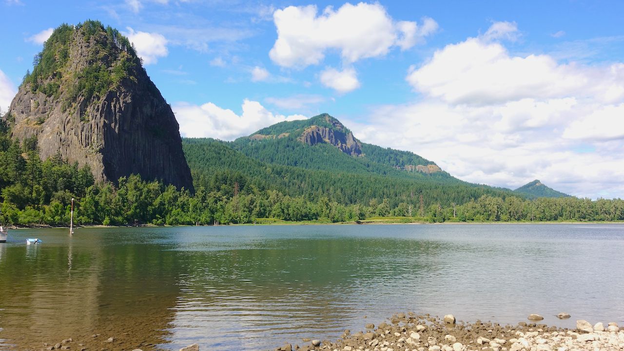 Beautiful view of the Columbia River and Beacon Rock, Washington on a sunny summer day