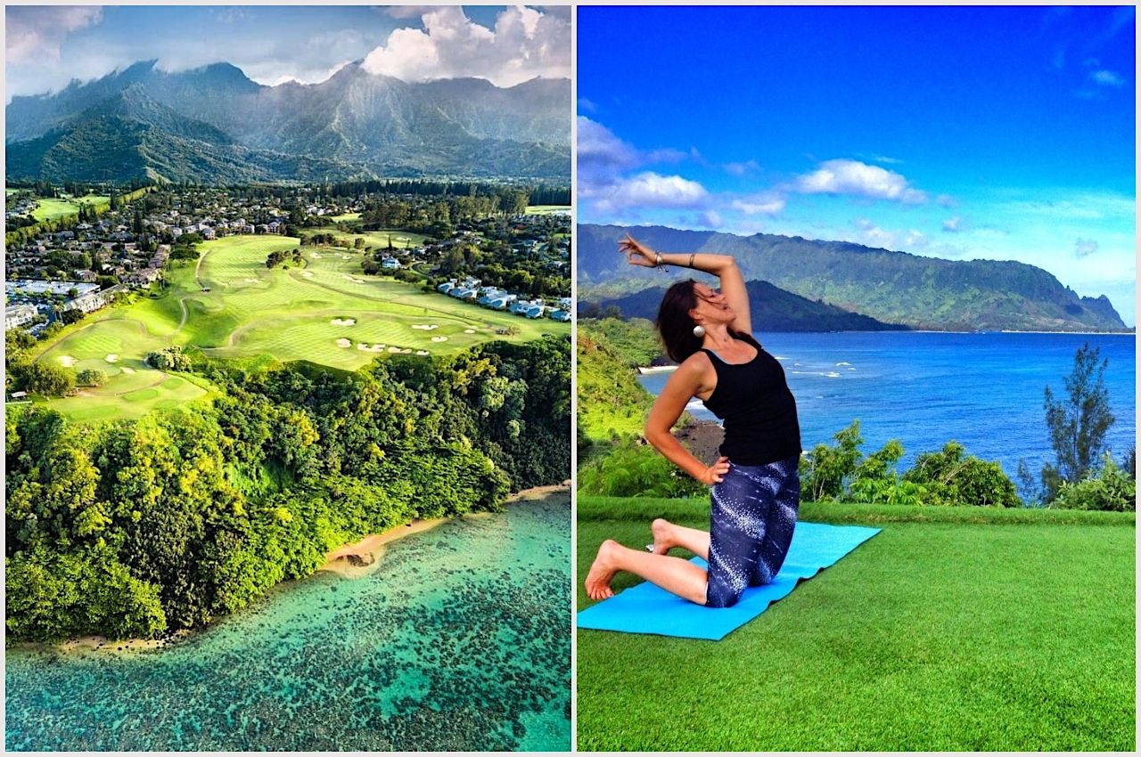 Sunrise Airbnb yoga at the Makai Golf Club in Kauai, Hawaii