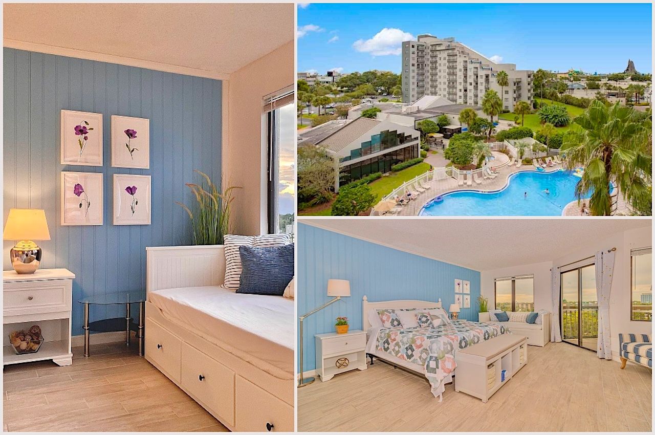 Collage of photos of updated condo with lake views