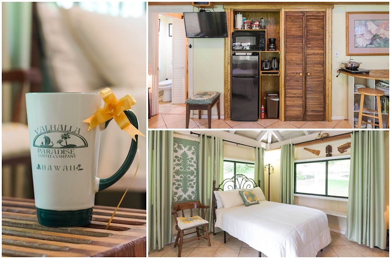 Collage of images Airbnb in Oahu Coffee farm 