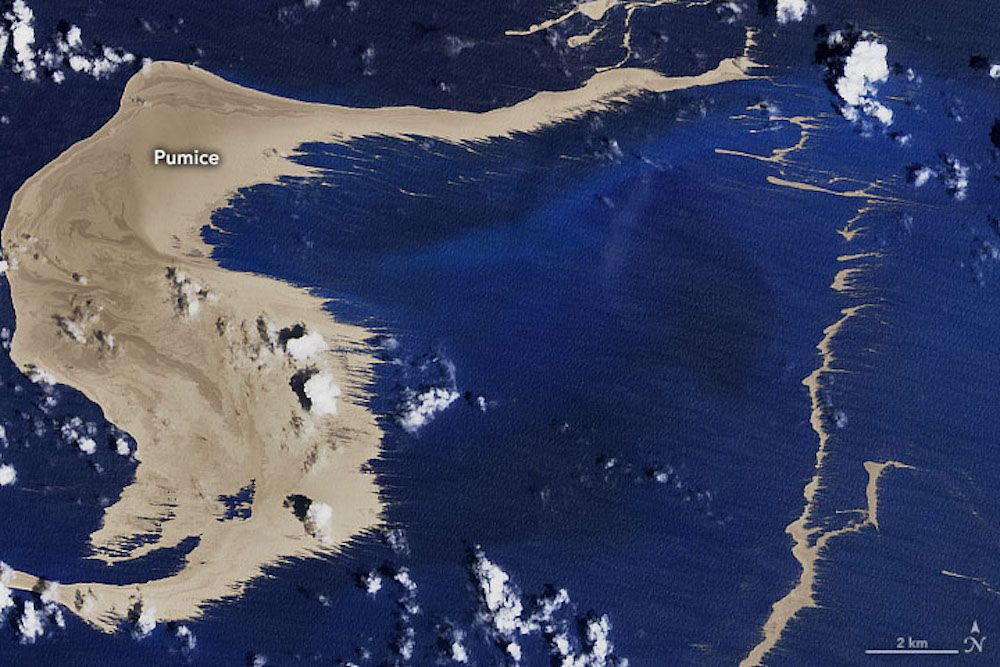Pumice rafts from volcanic eruption visible from space