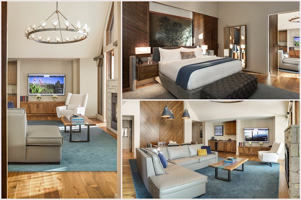 Living rooms and bedrooms in the suites at Edgewood Tahoe Resort