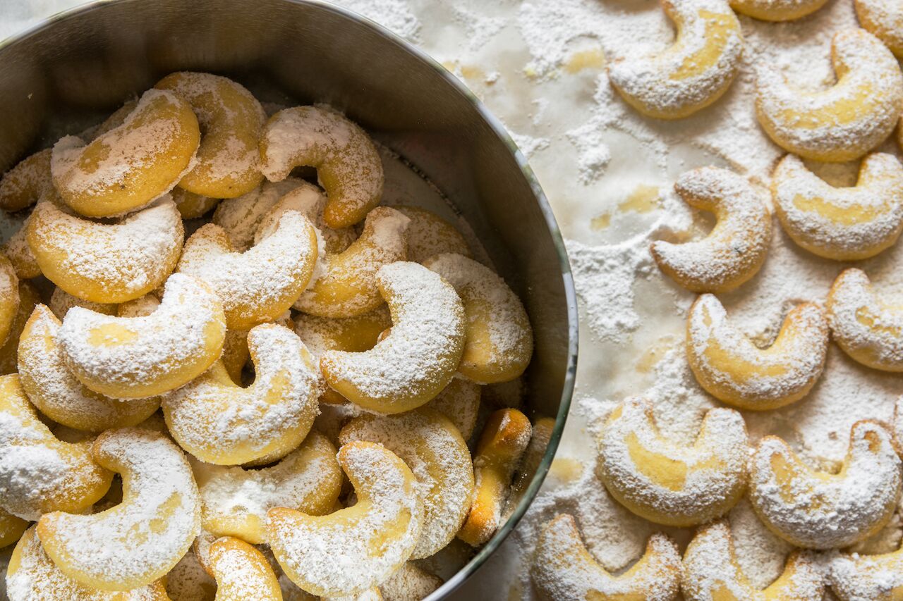 Kipferl are crescent shaped, powdered sugar dusted, german christmas cookies