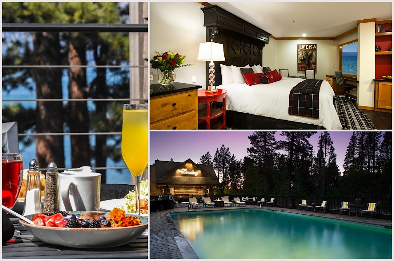 Collage of photos of the pool, rooms, and food at The Landing Tahoe hotel