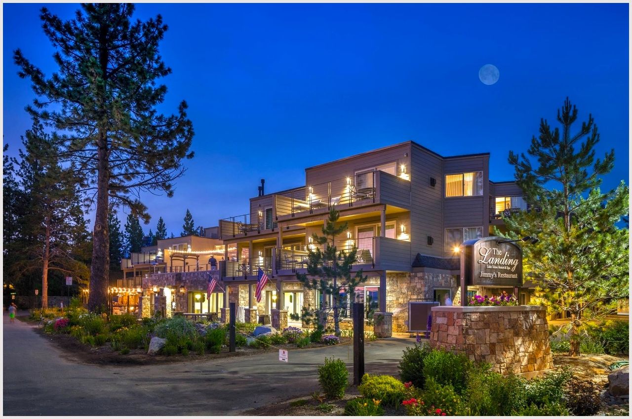 Exterior of The Landing Tahoe hotel at night