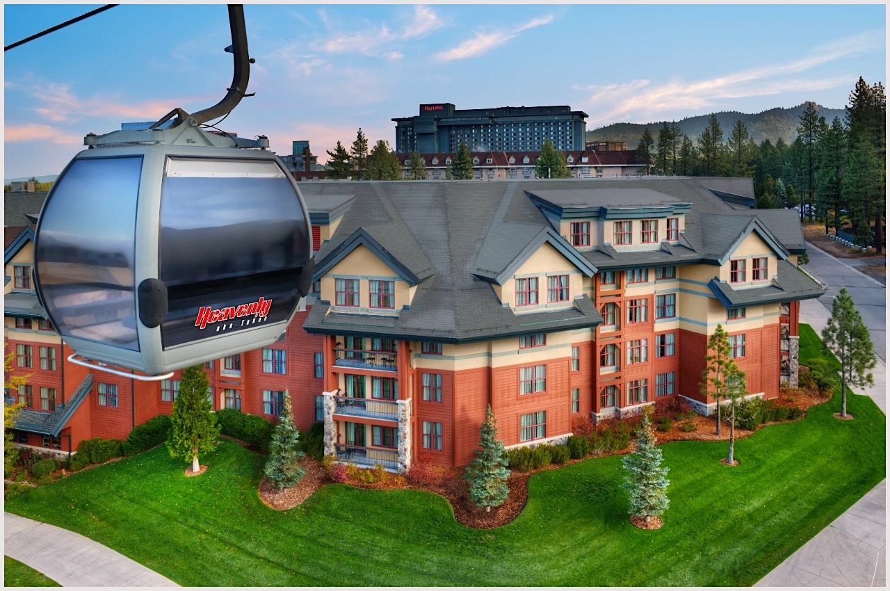 Aerial view of Marriott's Timber Lodge, a massive hotel in Lake Tahoe