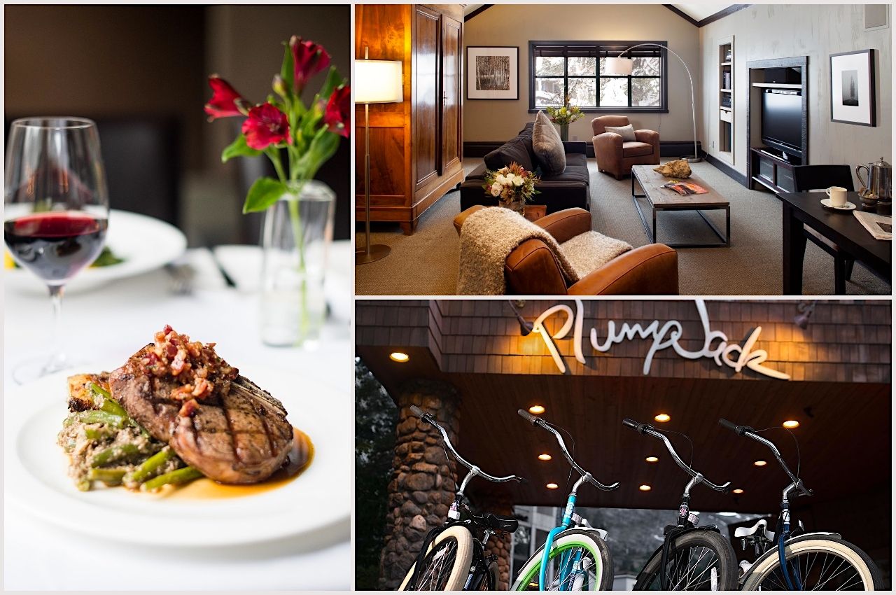 Collage shows bike rentals, a steak dinner, and a lounge area at PlumpJack Inn near Lake Tahoe