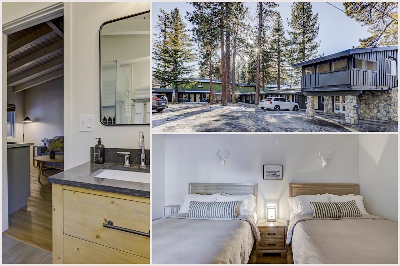 Collage of the exteriors and rooms at South Lake Chalet hotel in Lake Tahoe