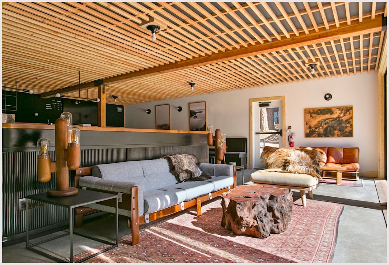 The modern common space at the Coachman Hotel in Lake Tahoe