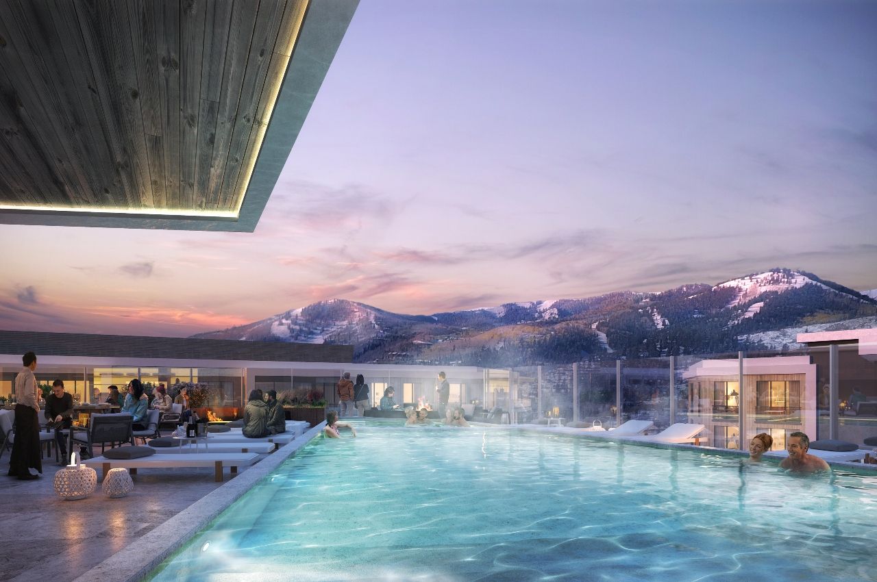 Rendering of swimming pool at Pendry Park City Utah a new luxury hotel