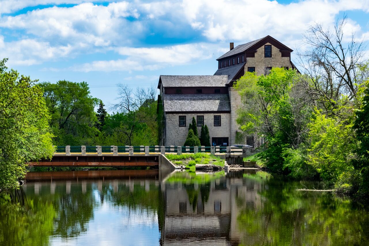 Old mill and bridge over the Milwaukee River in Cedarburg, Wisconsin