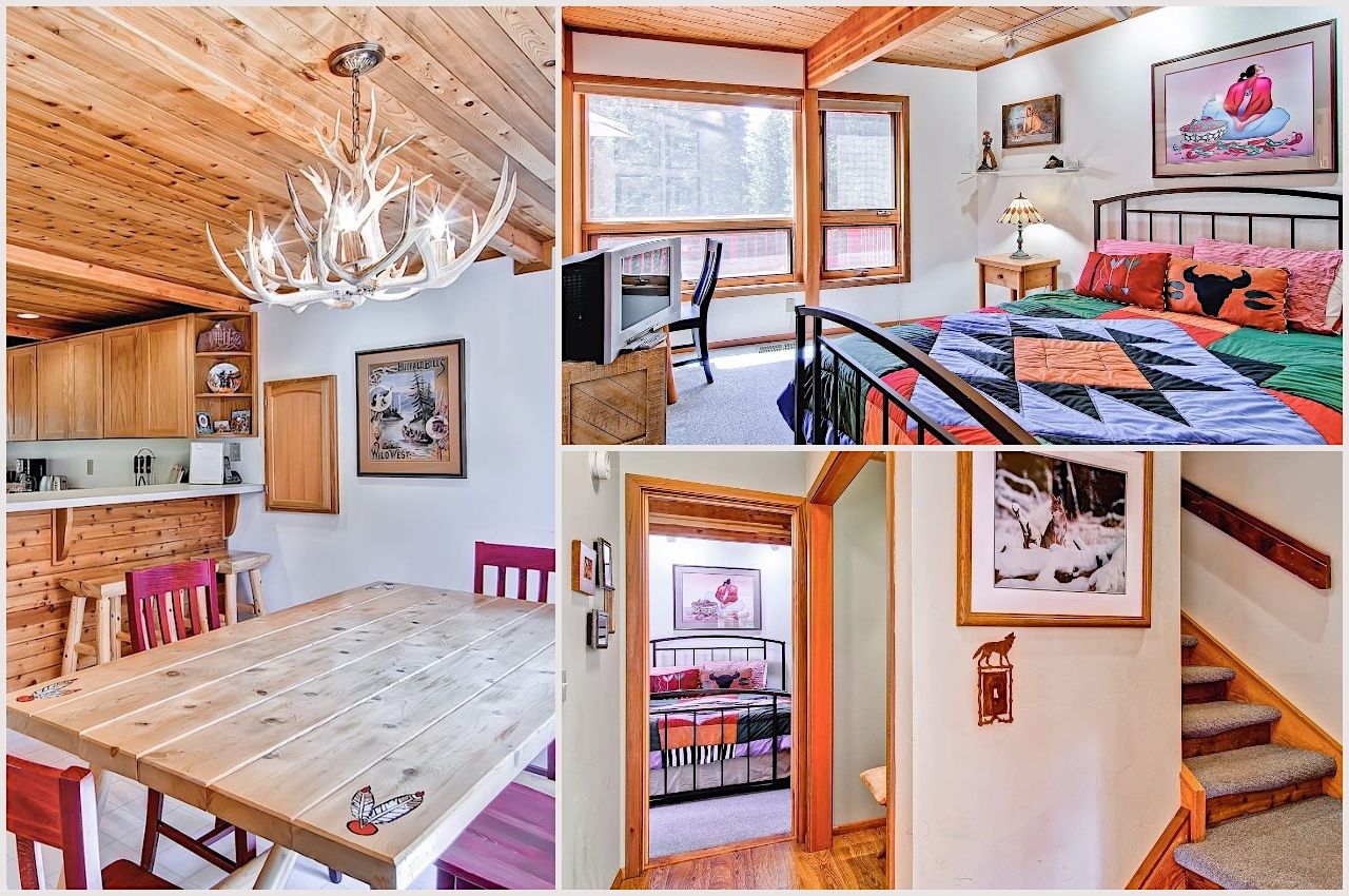 A collage of photos from a colorful rental cabin near Yosemite