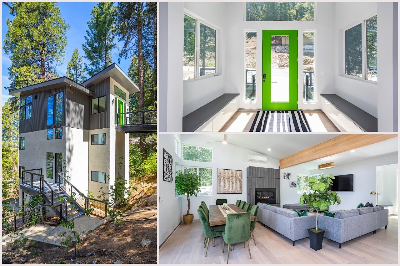 Photo collage of a unique, white and green Airbnb house near Yosemite National Park