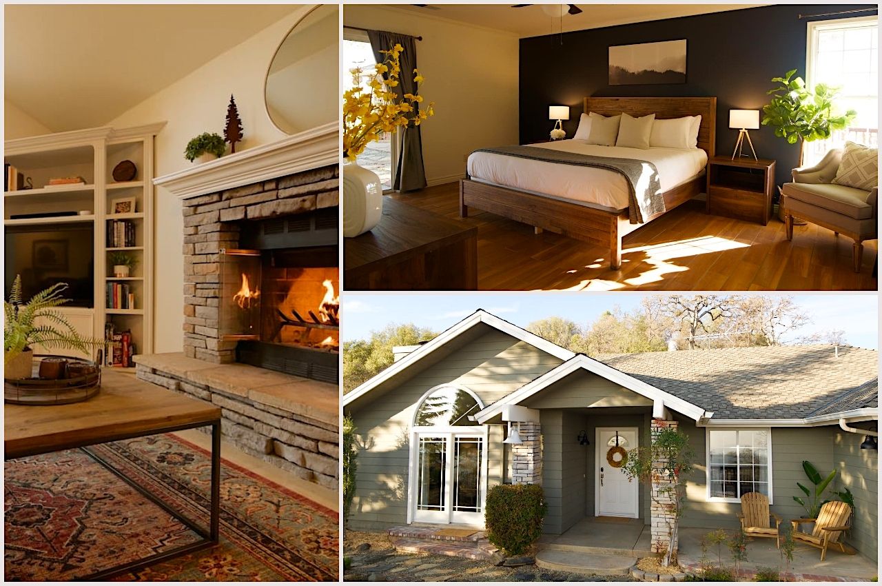 A collage of photos of a cozy house rental near Yosemite National Park