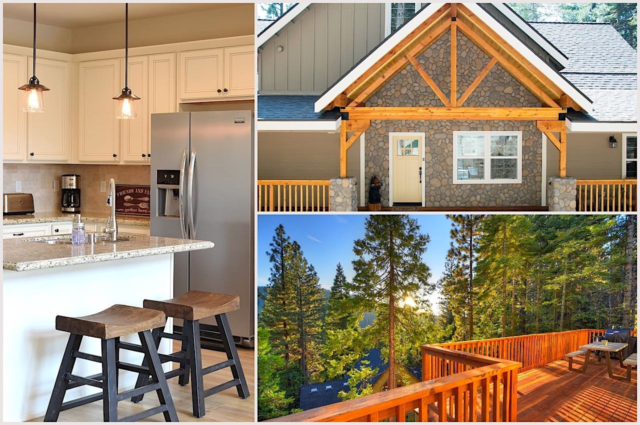 Photo collage of a Yosemite Airbnb with a modern kitchen and beautiful wooden deck