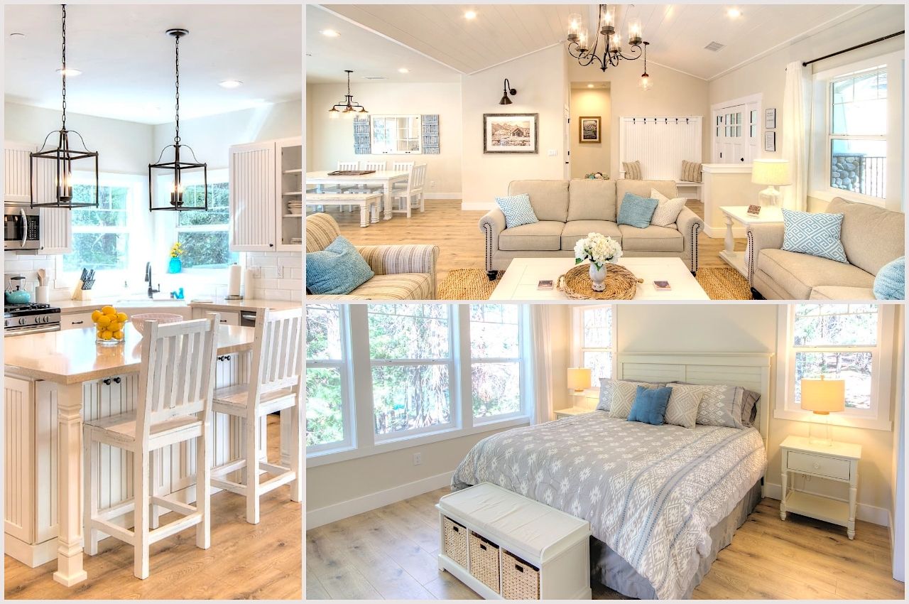 Collage of a large Yosemite Airbnb rental shows white interiors and blue accents