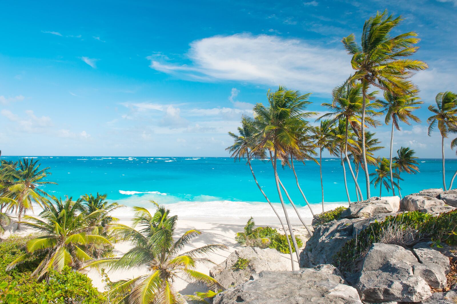 View of Bottom Bay, one of the most beautiful beaches on the Caribbean island of Barbados. It is a tropical paradise with palms hanging over turquoise sea.