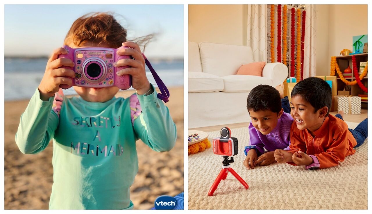 Children using cameras for toddlers made by the brand VTech