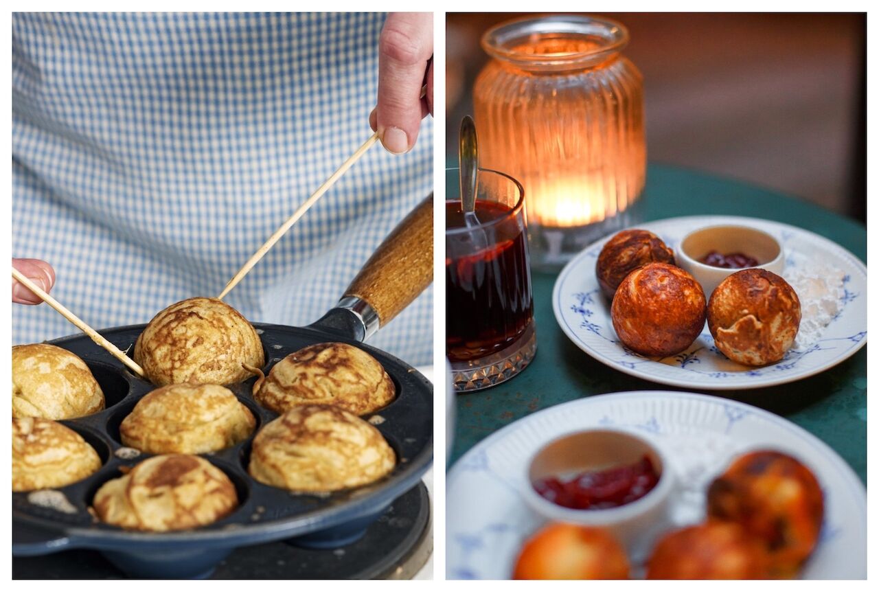 Person preparing Æbleskiver, a Danish Christmas treat eaten with jam and icing sugar
