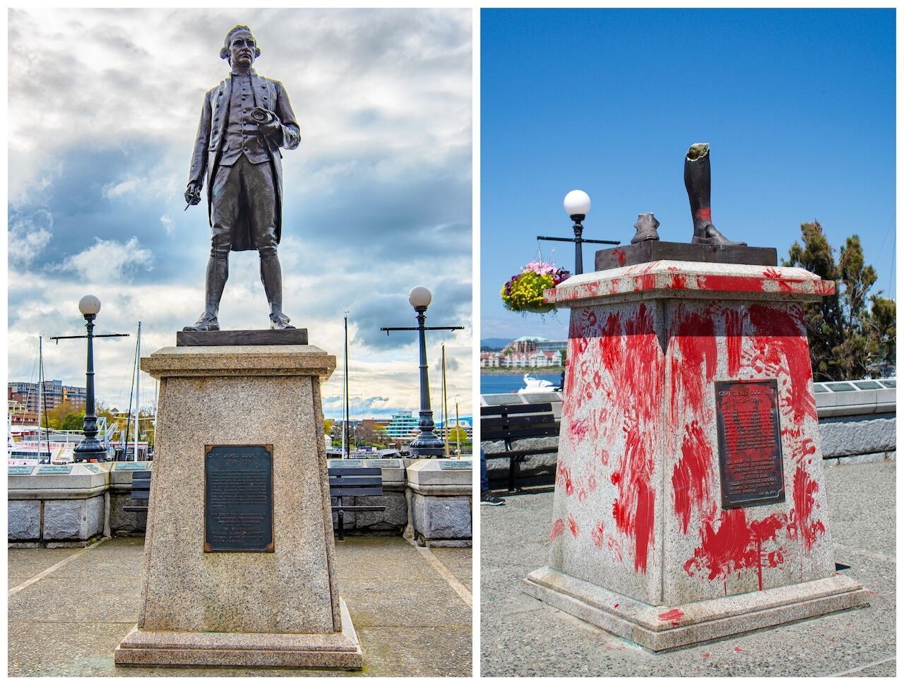 Defaced statue of James Cook in Victoria, BC, Canada