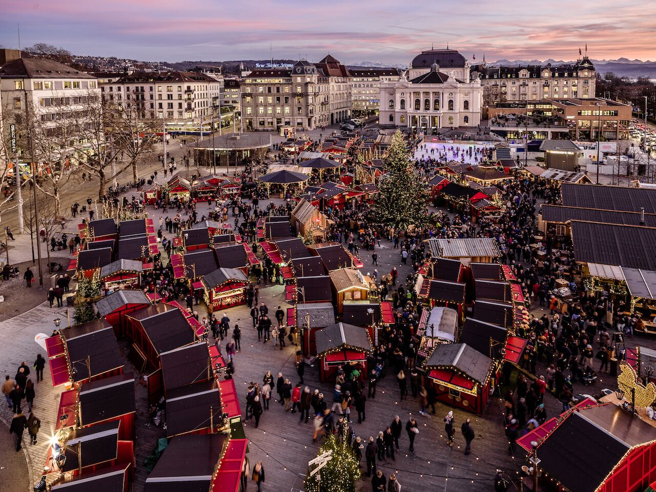 Christmas market in Zurich Switzerland viewed from above