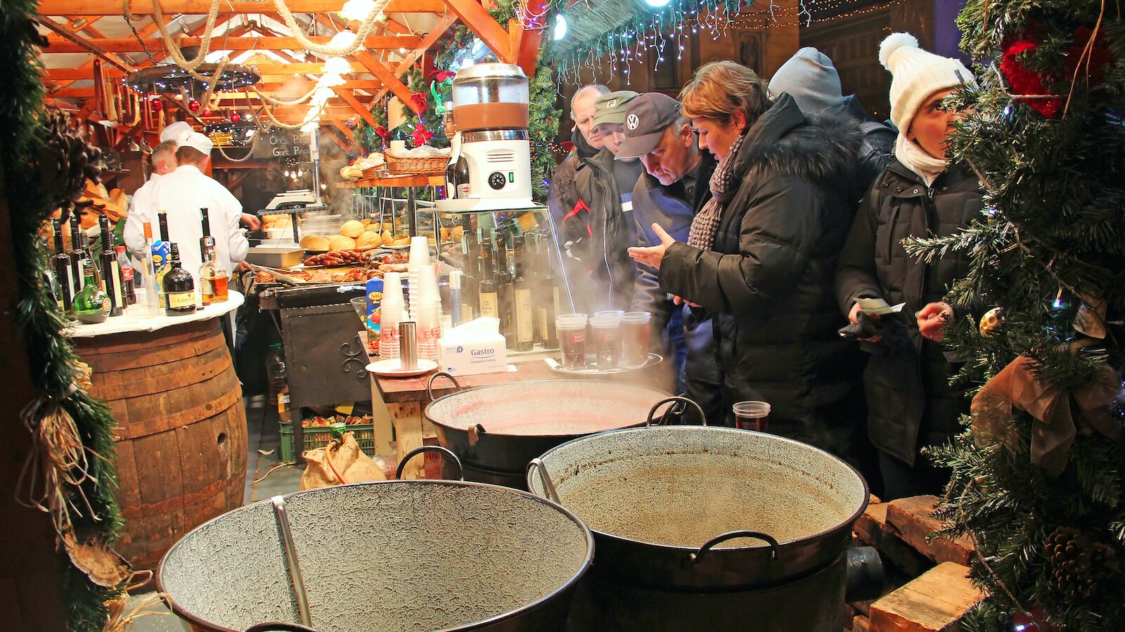 A line of people waiting for a cup of mulled wine at one of the biggest Christmas markets in Europe, the Budapest Christmas market