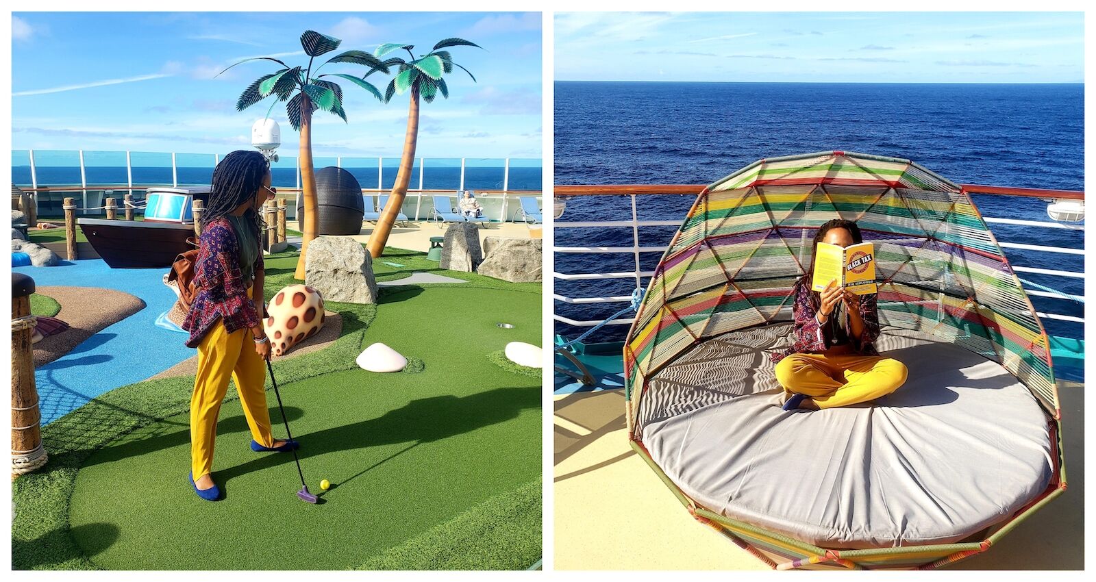 Tshego Letsoalo plays golf and reads a book on the deck of the Navigator of the Seas, a brand-new cruise ship. Tshego took a cruise during Omicron.