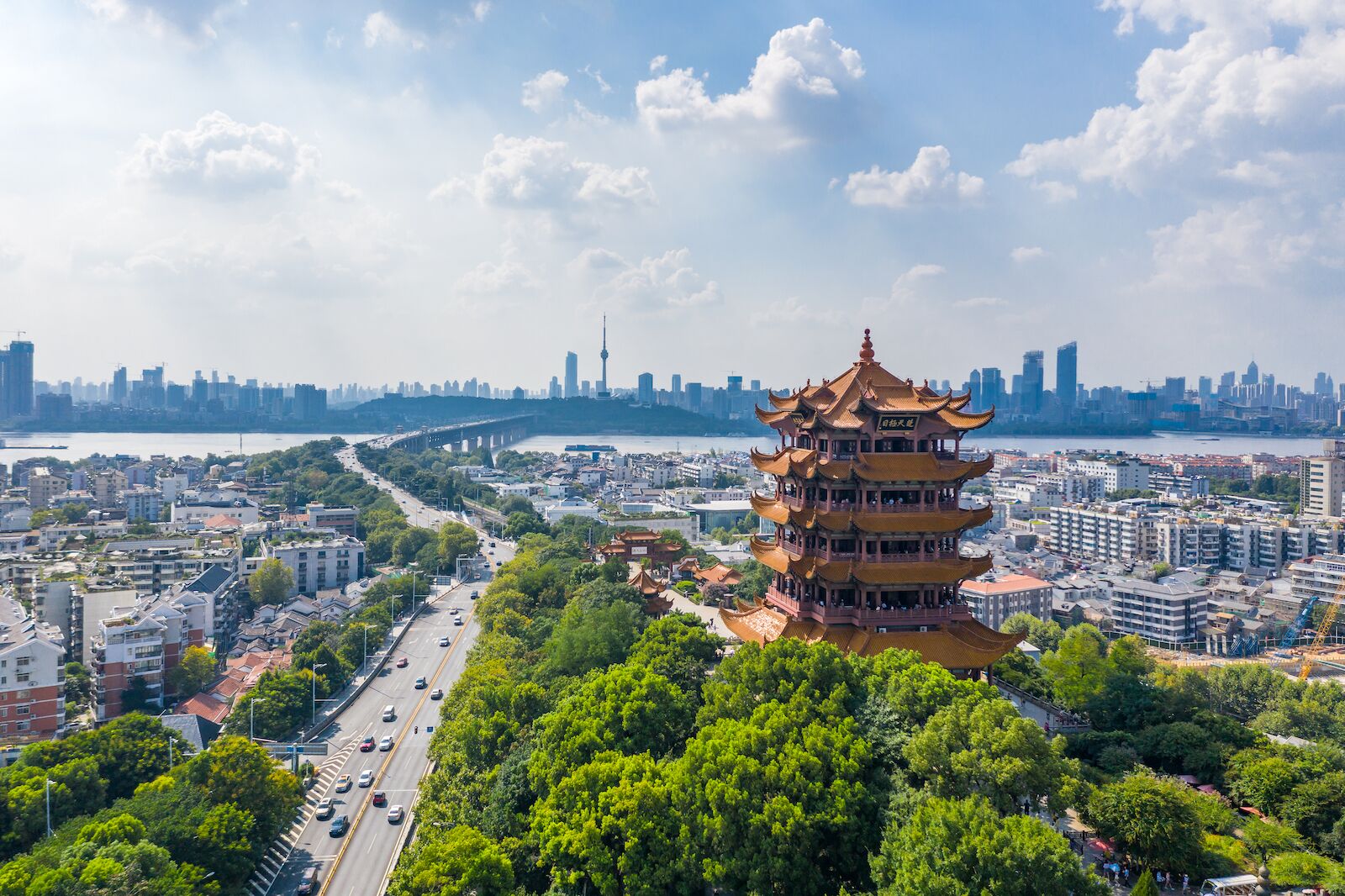 Aerial view of Wuhan city. The yellow crane tower, located on snake hill in Wuhan.