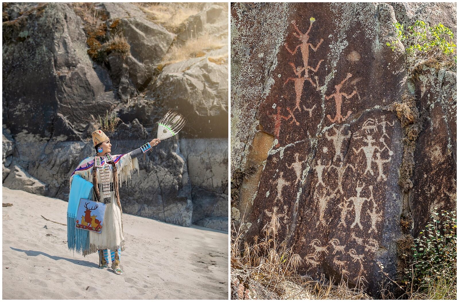 Stacia Morfin performing a ceremony and petroglyphs by the Nez Perce people